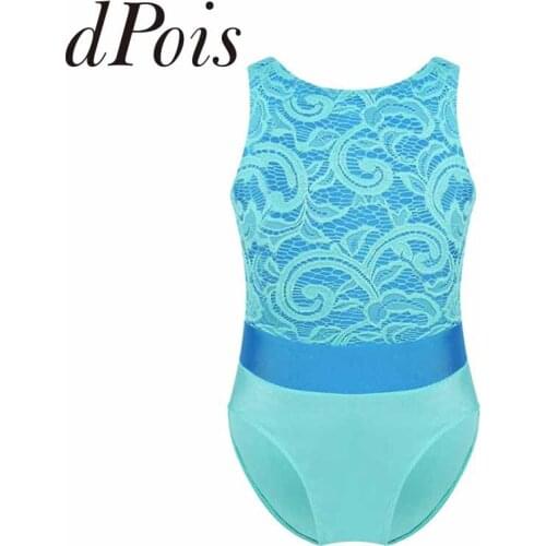 Kids Girls Sleeveless Gymnastics Leotards Lace Top Bodice Color Block One Piece Ballet Dance Bodysuit Beach Swimwear Swimsuit