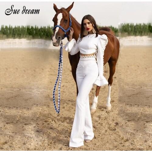 2021 New Summer Womens Sexy O-neck Flare Sleeve Long Sleeve Hollow Lace Elegant Ladies 2 Piece Set Fashion Wide Leg Pants Set