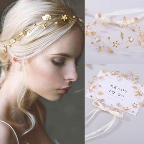 Ladies Romantic Metallic Gold Leaves Flower Headband Wedding Bridal Imitation Pearl Rhinestone Hair Hoop Lace Up Ribbon Crown