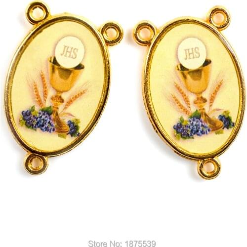 First Communion Rosary Center Medal Beautiful Cup Holy Supper Image