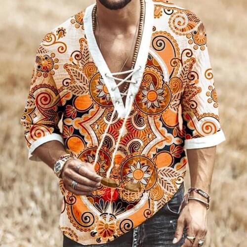 Men Fashion Half Sleeve V Neck Floral Print Chest Lace-up Shirt T-shirt Top Casual Male Tees Loose Fashion Tops