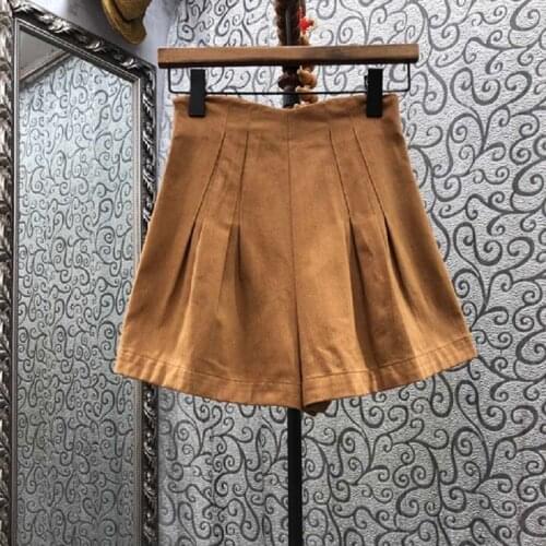 New 2021 Autumn Winter Shorts High Quality Women Pleated Patchwork Casual Brown Shorts Ladies Wide Leg Short Pants Club Wear
