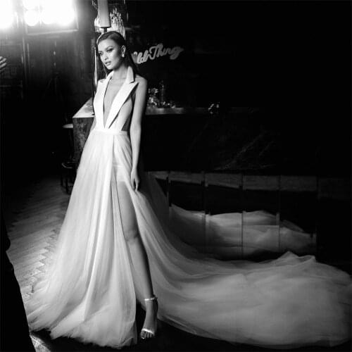 Sexy Deep V Neck Wedding Dresses With High Slit Sheer Back Tulle Court Train Bridal Gowns A Line Custom Made vestido de novia