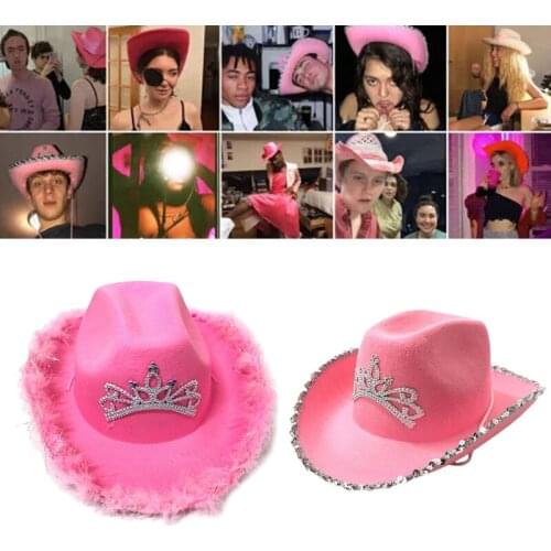 Spangles Decorated Cowgirl Hat in Pink Tiara Decorated Fedora with Feather Edge Hats for Women Wool Made European Style