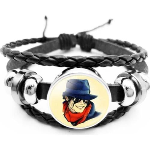 World Music King Mike Jackson Glass Cabochon Snap Button Black Leather Braided Bracelet Men and Women Jewelry Gift Bracelet