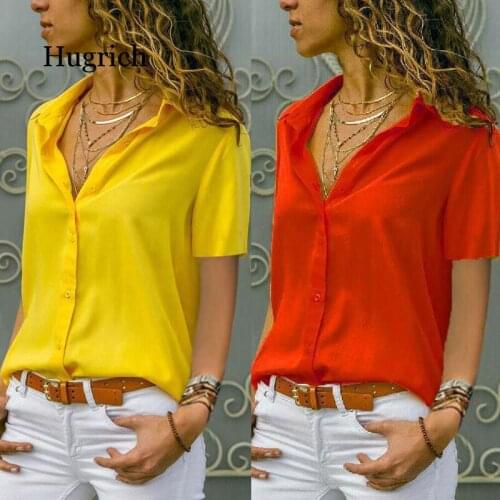 Women Solid White Blouse Tops Office Lady Work Chiffon Button 2021 Summer Short Sleeve Yellow Red Female Blouse Plus Size Shirts