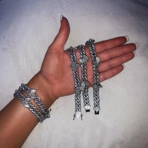 Silver color Clear 5A cubic zirconia cz Miami cuban chain 3 pcs butterfly charm 10mm cuban women bracelet