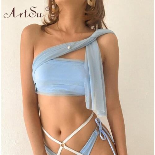 ArtSu Strapless Multiway Bandage Solid Sexy Crop Top Mesh Slim Trendy Women Tank Top Party Summer Tops Blue Pink