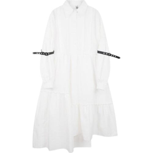 Women Button Irregular Pleated White Dress New Lapel Long Sleeve Loose Fit Fashion Tide Spring Autumn 2021 C970