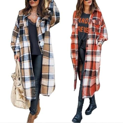 2021 New Style Female Overcoat Autumn Long Shirts Jackets Plaid Turn-Down Collar Long Sleeve Woolen Coat for Women
