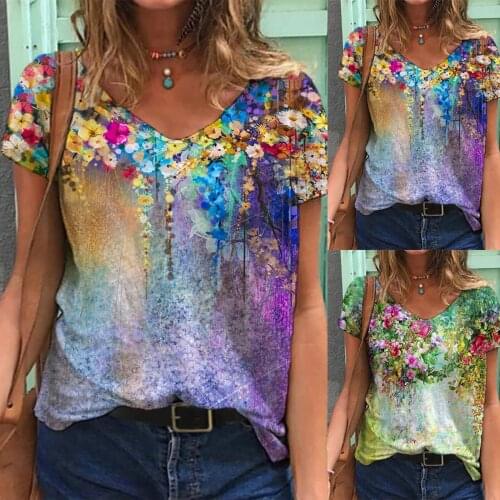 5xl Plus Size Floral Painting Printed Shirt Womens Half Sleeve Blouses Casual V-neck Tunic Tops Summer Shirts Camisas De Mujer