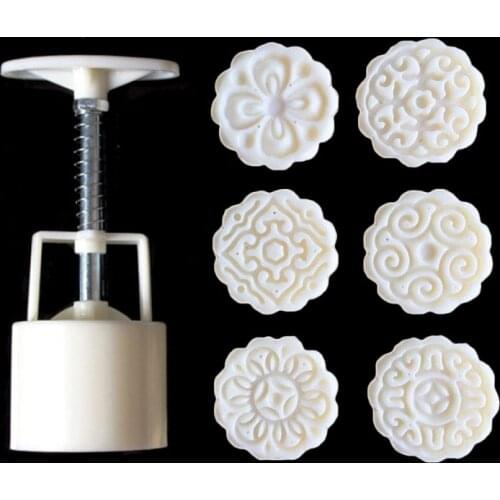 6pcs 3D Flowers Stamps Moon Cake Decor Mould Barrel Round Mooncake Mold 50g Pastry Mooncakes Hand DIY Tool
