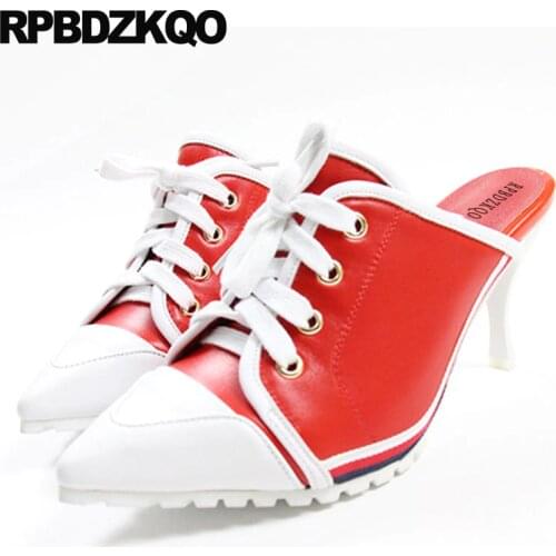 8cm Brand Designer Women Luxury 2019 Shoes Pumps Lace Up Genuine Leather Mules Slipper Sandals Red Pointed Toe High Heels Thin
