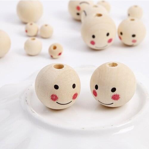 Handmade Smiley Face Wooden Teething Beads Natural Eco-friendly Wood Chewing Necklace Baby Nursing Chewable Safe Toys