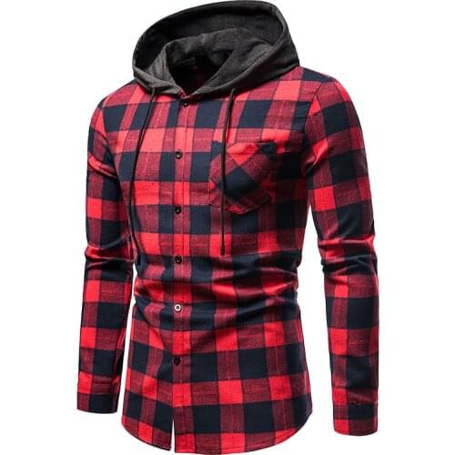 Men Plaid Shirt Hooded Camisas Social Autumn Mens Fashion Plaid Long-sleeved Shirt Male Button Casual Check Shirt