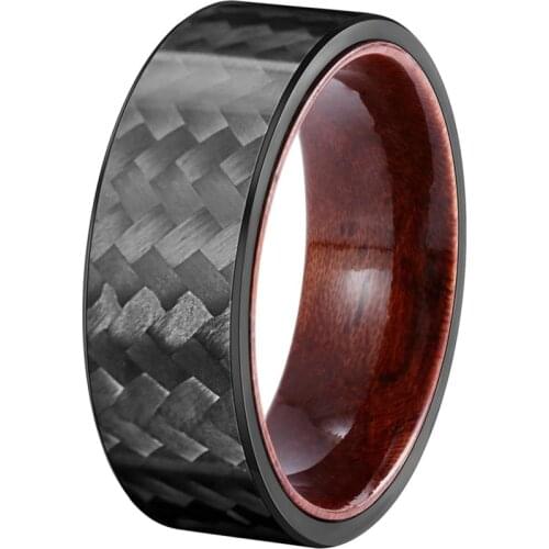 POYA 8 mm Black Twill Carbon Fiber Rings Mens Wedding Band Inlay Rosewood Liner Comfort Fit