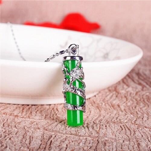 Natural Green Jade Dragon Pillar Pendant 925 Silver Necklace Carved Charm Jewelry Fashion Accessories Amulet for Men Women Gifts