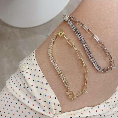 Origin Summer Vintage Simple Asymmetric Geometric Rhinestone Charm Bracelet for Women Textured Hollow Chain Bracelet Jewelry