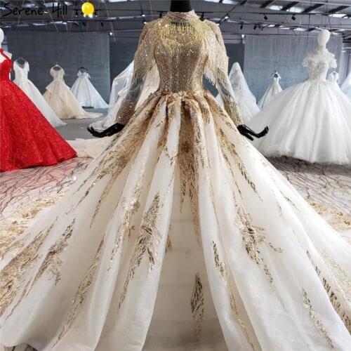 Serene Hill Luxury Gold White Beadings Tassel Wedding Dress 2019 Long Sleeves Big Train Sexy Bridal Gown Custom Made CHX0042