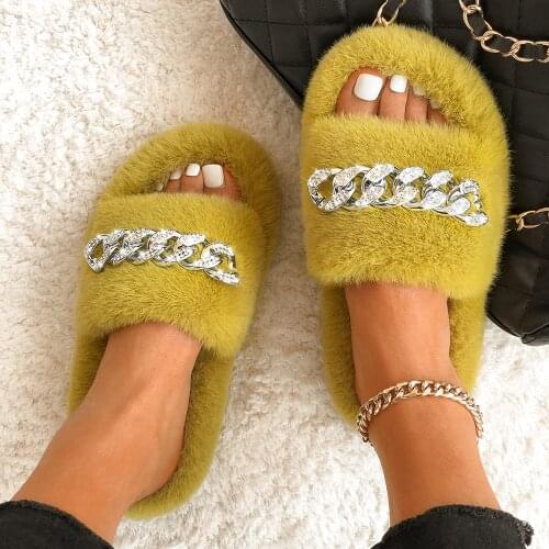 Fluffy Flip Flops Furry Fur Slides Diamond Chain Plush House Slippers Women Cozy Open Toe Faux Fur Slippers Indoor Warm Shoes