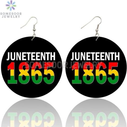 SOMESOOR Juneteenth 1865 Black Freedom Wooden Drop Earrings Inspired Sayings Printed African Loops Dangle Jewelry For Women Gift