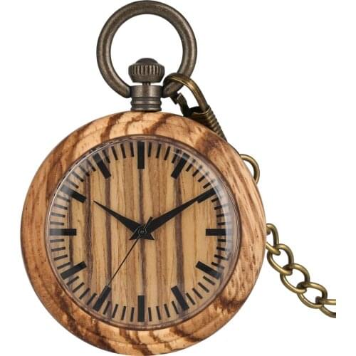 Light Brown Wooden Pocket Watch Large Dial with Clear Scales Quartz Pocket Watches Casual Quartz Analog Pendant Watch for Men