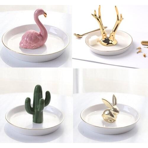 Decoration flamingo jewelry plate dresser storage tray ring tray Nordic cactus ceramic jewelry rack 040 y