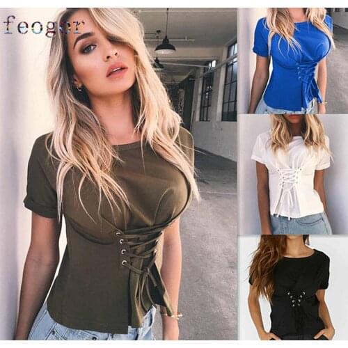 FEOGOR AliExpress Amazon Cross-Border Casual Lace-up T-shirt Short Top Bottoming Shirt for Women Summer casual womens clothing