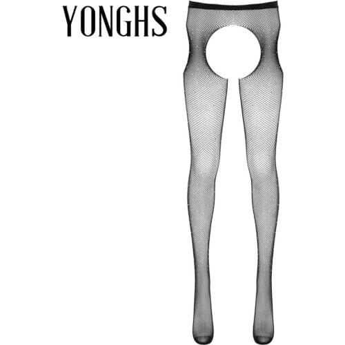 Womens Erotic Lingerie Fishnet Pantyhose Sparkle Rhinestones High Waist Crotchless Side Cut Out Footed Stretchy Tight Stockings