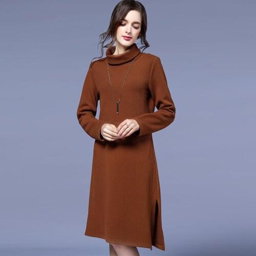 Large size ladies high-necked long sleeve figured cloth dress fashion lace stitching double slits female dresses OM3765