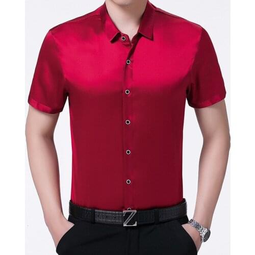 100% Silk Men Shirt Short Sleeve Summer Red Black Shirt Korean Men Clothes Formal Man Shirts High Quality Camisa CH-777 KJ1952