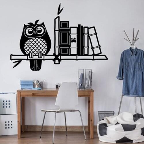 Large Owl Reading Book Shelf Branch Wall Sticker Classroom Bedroom Cartoon Owl Animal Read Book Wall Decal Kids Room Vinyl Decor