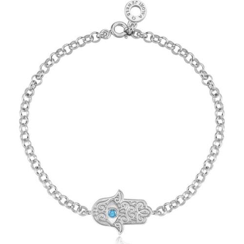 Valori Jewels Evil Eye Hamsa, Zirconia Fancy Blue Gemstone, Rhodium Plated, Sterling Silver Bracelet