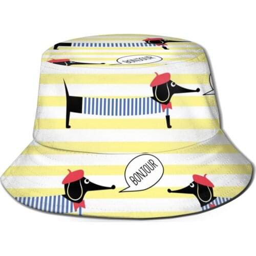 CINESSD Cute Cartoon Dachshund French Dressed Dog Bucket Hat Summer Hats Fisherman Hat Foldable Women Men Sunscreen Shade Caps