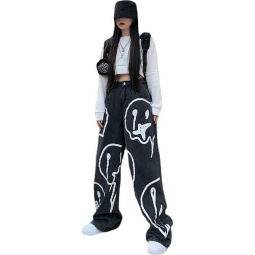 Retro Jeans Dark black print graffiti men and women casual loose lazy straight Drape wide-leg pants cotton mulit-pocket Trousers