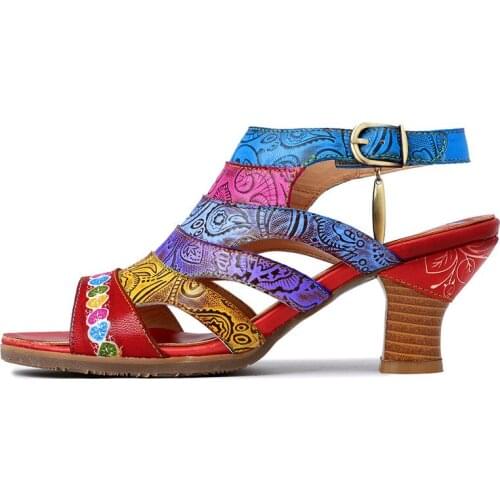 Elegance Vintage Women Hollow Out Leather Pumps women sandals Genuine Leather Buckle Strap 4-5CM Thick High Heels Women shoes