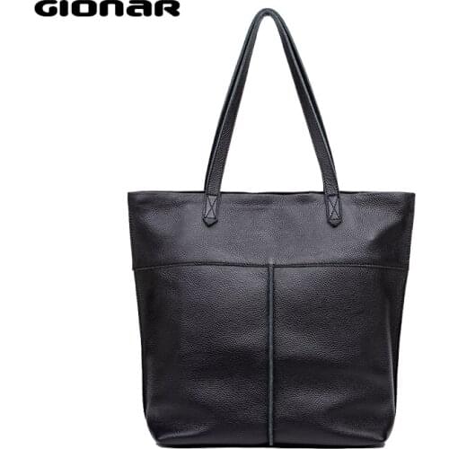 GIONAR Genuine Soft Cow Leather Classic Black Tote Bags for Women Shoulder Work Travel Laptop Bag Large Purses And Handbags