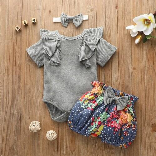 Fashion Baby Girls Clothes Cotton Solid Short Sleeve Romper Tops+Bow Flower Shorts+Headband Summer3PCS Outfits Set