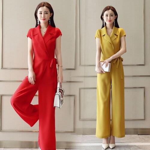 New 2019 Women Summer Elegant Office Jumpsuits Lady Solid Fashion Wide Leg Romper With Belt