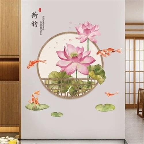 Chinese Style Lotus Wallpaper Living Room Wall Decoration Bedroom Background Wall Stickers Creative Sofa Wall Painting Mural