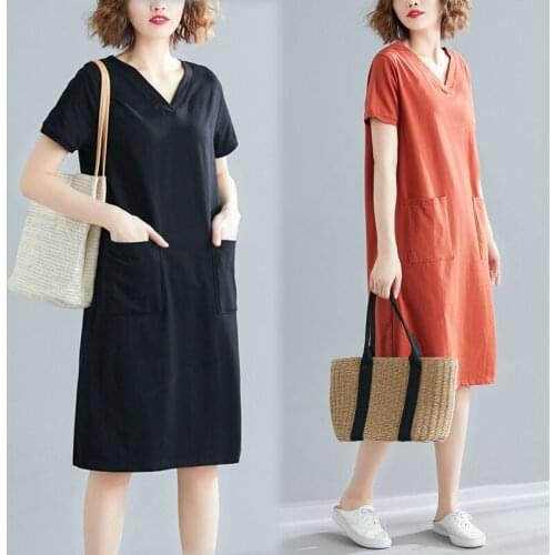 Summer Casual Dress Female Cotton Plus Size Dresses V-neck Short sleeve Midi Korean Loose T Shirt Dress Women Clothes Vestidos