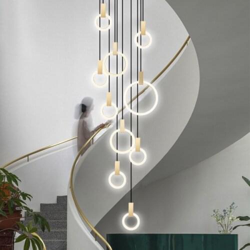 Modern Chandelier Duplex Building Villa Stairwell Lighting Acrylic Rings Suspension Nordic Lamp Long Gold Circular Chandelier