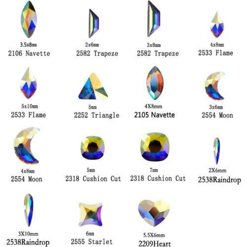 100Pcs Crystal AB Nail Art Rhinestone Flat Non Hotfix Glass Strass Mixed Shape DIY Fashion 3D nail Garment Decoration