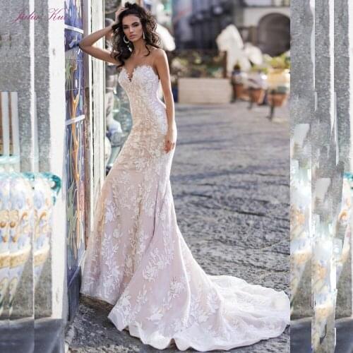 Julia Kui Beautiful Beading Embroidery Applique Mermaid Wedding Dresses Illusion Back Sleeveless Wedding Gowns Vestidos De Novia