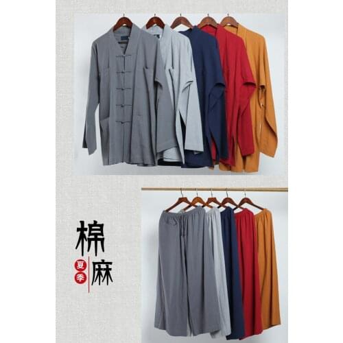 Unisex Summer cotton&linen Buddhist zen clothing martial arts wushu kung fu uniforms buddha Shaolin Monk lay suits red/blue