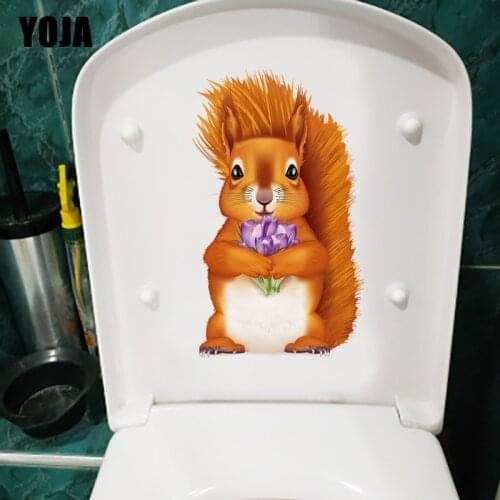 YOJA 13.5×22.7CM Squirrel Holding Flowers Fashion Bathroom Decor WC Toilet Sticker Home Wall Decals T1-2753