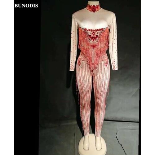 ZD391 Women Sexy Red Tassel Jumpsuit Big Glass Sparkling Crystals Bodysuit Nightclub Party Stage Wear Dancer Singer Bling