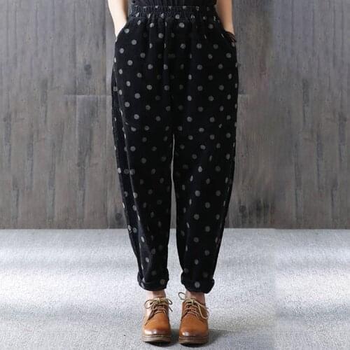 EaseHut Polka Dot Print Winter Velvet Long Pants Women Vintage Fashion Casual Elastic High Waist Pants Spring Harem Trousers