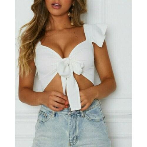 Sexy Summer Bow Bandage Women Tops Solid Color V-Neck Ruffle Sleeveless T-Shirts Female Casual Fashion Crop Tops