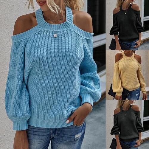 Women Strapless Pullover Knit Sweater Sexy Women Solid Color Off Shoulder Long Sleeve Halter Neck Pullover Jumper Autumn Winter